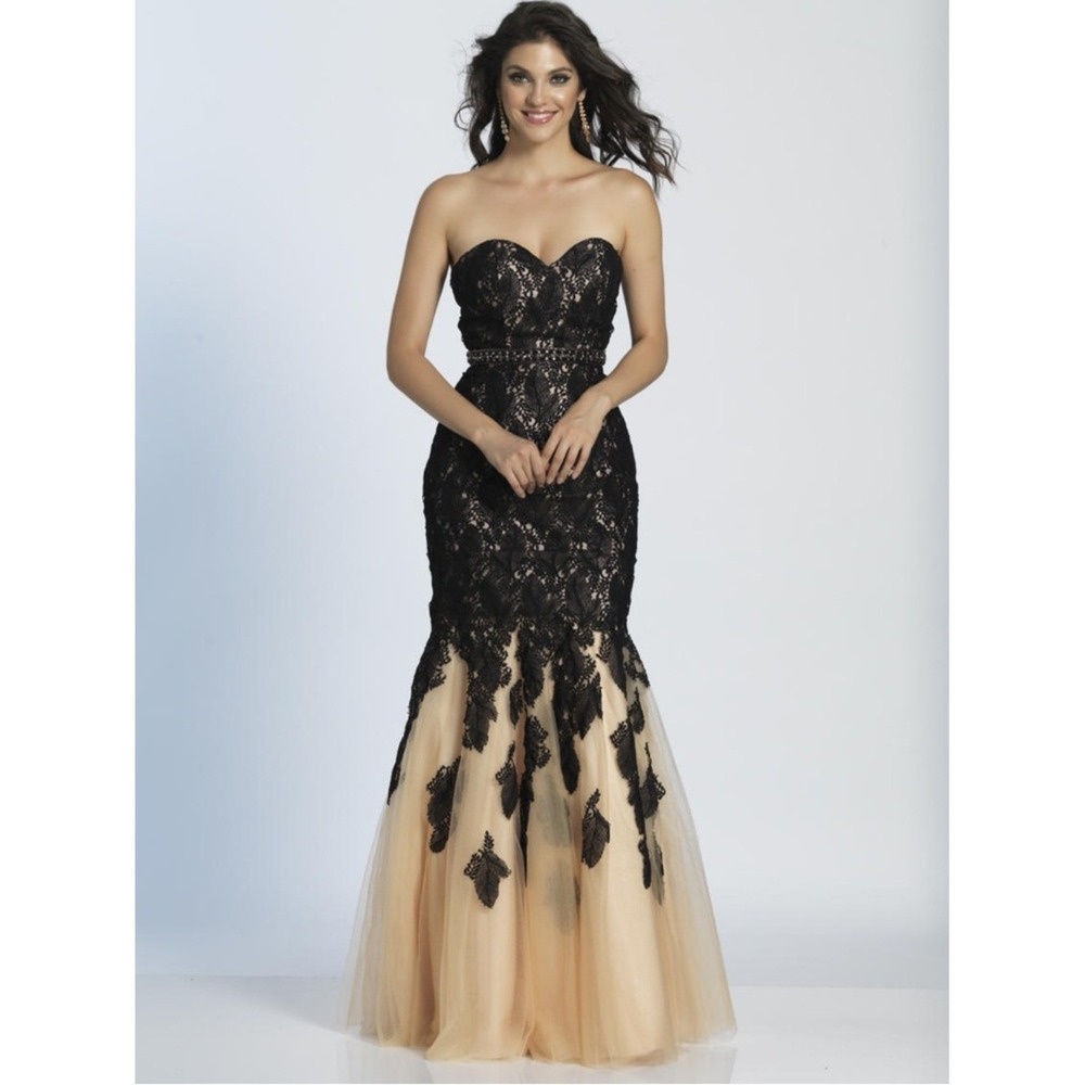 Dave‎ & Johnny Black Lace Peach Tulle Beaded Mermaid Formal Gown Dress 11/12